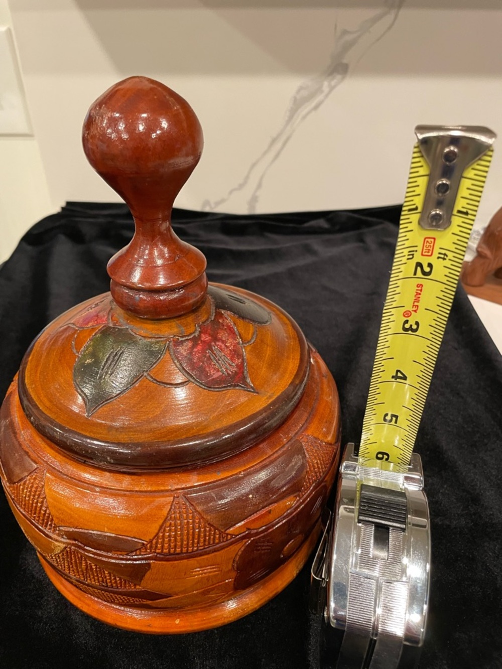 Hand-Carved Wooden Lidded Jar in Warm Brown with Painted Leaves